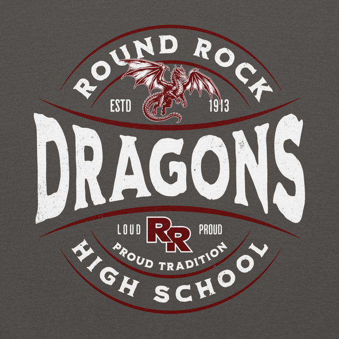 Close-up view of Round Rock High School Dragons Dark Grey Classic Unisex Hoodie 218