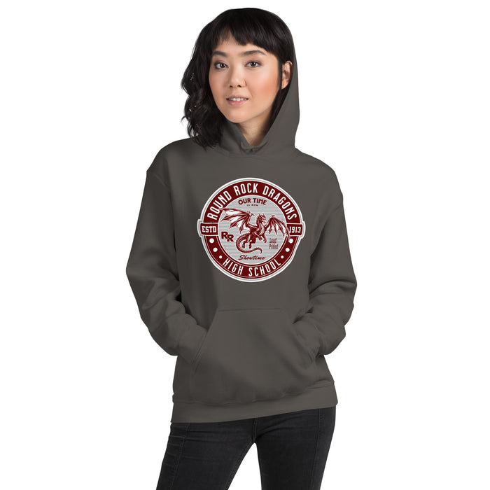 Woman wearing Round Rock High School Dragons Dark Grey Classic Unisex Hoodie 224