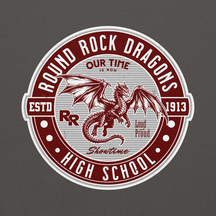 Close-up view of Round Rock High School Dragons Dark Grey Classic Unisex Hoodie 224
