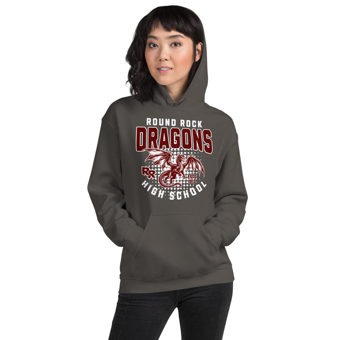 Woman wearing Round Rock High School Dragons Dark Grey Classic Unisex Hoodie 204