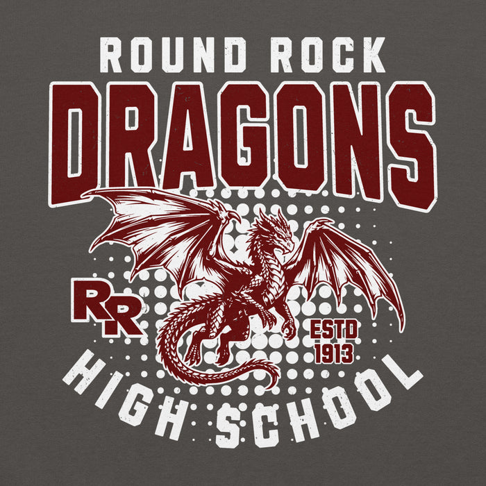 Close-up view of Round Rock High School Dragons Dark Grey Classic Unisex Hoodie 204