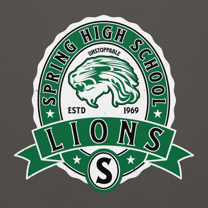 Close-up view of Spring High School Lions Dark Grey Classic Unisex Hoodie 212