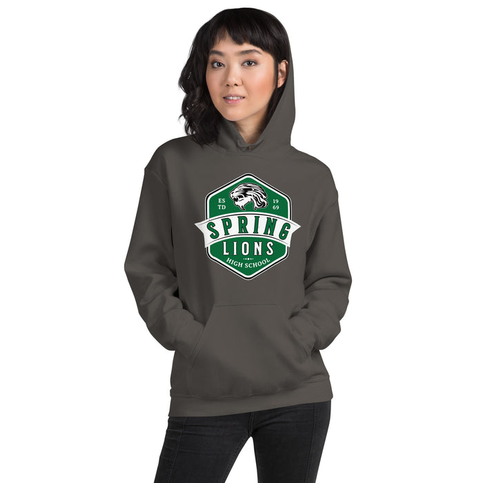 Woman wearing Spring High School Lions Dark Grey Classic Unisex Hoodie 209