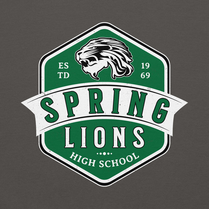 Close-up view of Spring High School Lions Dark Grey Classic Unisex Hoodie 209