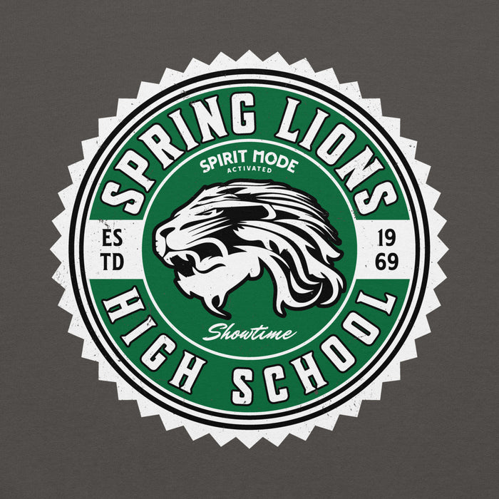 Close-up view of Spring High School Lions Dark Grey Classic Unisex Hoodie 203