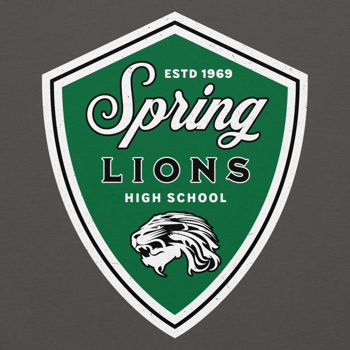 Close-up view of Spring High School Lions Dark Grey Classic Unisex Hoodie 225