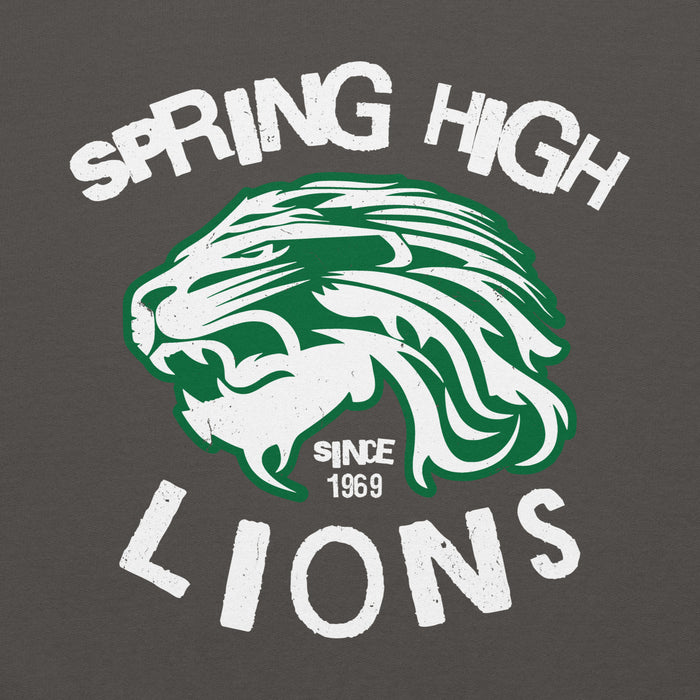 Close-up view of Spring High School Lions Dark Grey Classic Unisex Hoodie 228