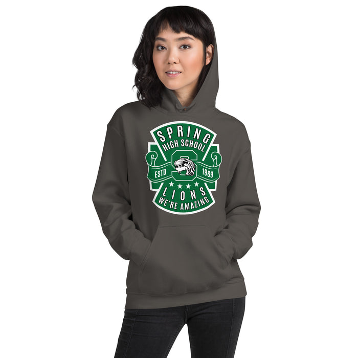 Woman wearing Spring High School Lions Dark Grey Classic Unisex Hoodie 207