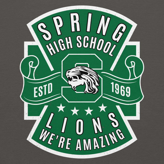 Close-up view of Spring High School Lions Dark Grey Classic Unisex Hoodie 207