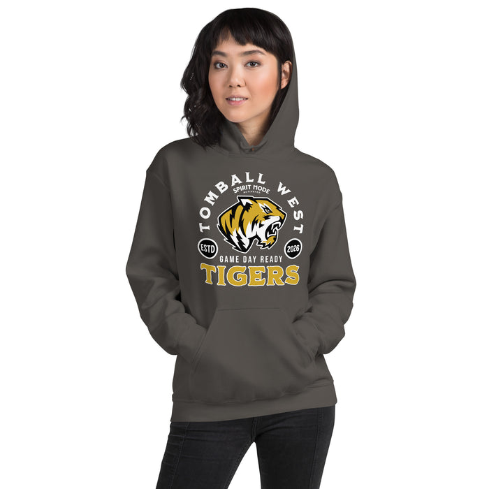 Woman wearing Tomball West High School Tigers Dark Grey Classic Unisex Hoodie 208