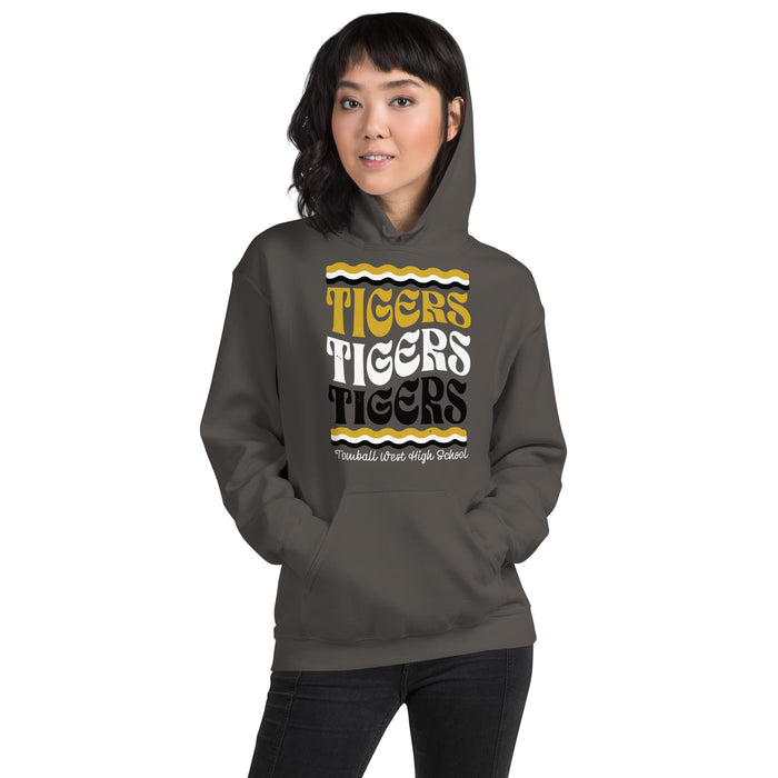 Woman wearing Tomball West High School Tigers Dark Grey Classic Unisex Hoodie 227