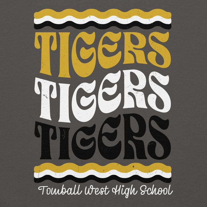 A graphic print featuring the word 'TIGERS' repeated three times in distressed typography, with wavy stripe accents in yellow, white, and black above and below. Below the main text reads 'Tomball West High School' in white script. Tomball West High School Tigers Dark Grey Classic Unisex Hoodie 227