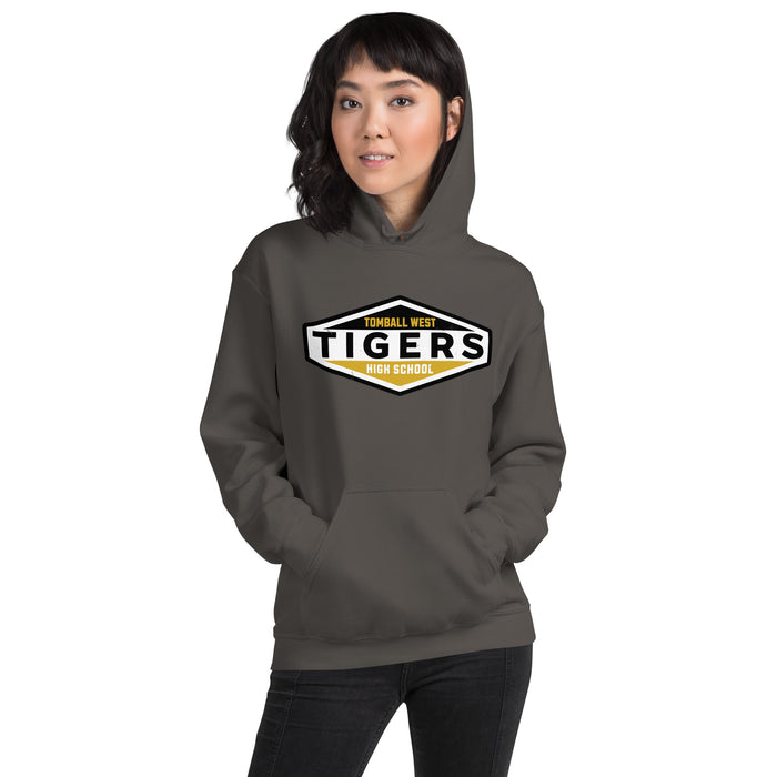 Woman wearing Tomball West High School Tigers Dark Grey Classic Unisex Hoodie 009
