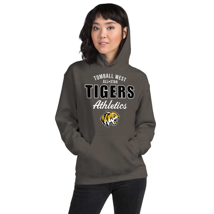 Woman wearing Tomball West High School Tigers Dark Grey Classic Unisex Hoodie 034