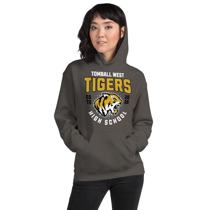 Woman wearing Tomball West High School Tigers Dark Grey Classic Unisex Hoodie 204
