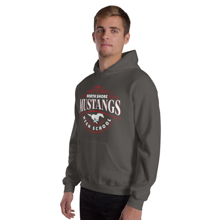 Man wearing North Shore High School Mustangs Dark Grey Classic Unisex Hoodie 211