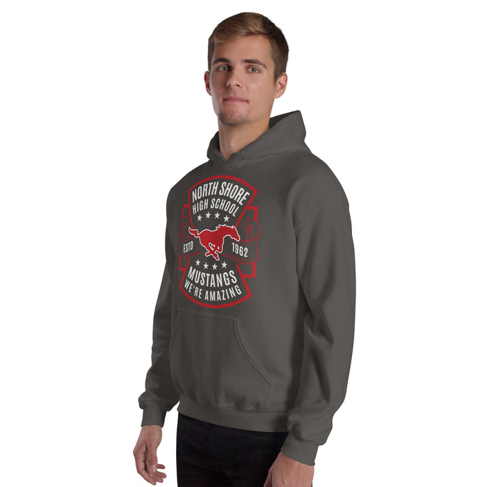 Man wearing North Shore High School Mustangs Dark Grey Classic Unisex Hoodie 207