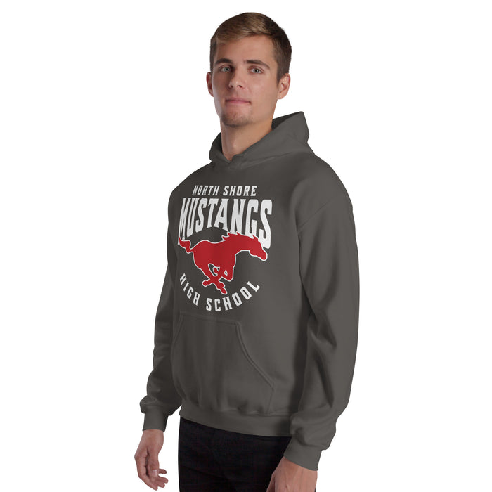 Man wearing North Shore High School Mustangs Dark Grey Classic Unisex Hoodie 213