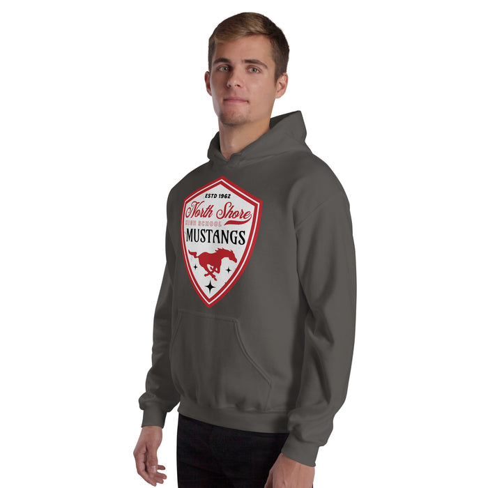 Man wearing North Shore High School Mustangs Dark Grey Classic Unisex Hoodie 225