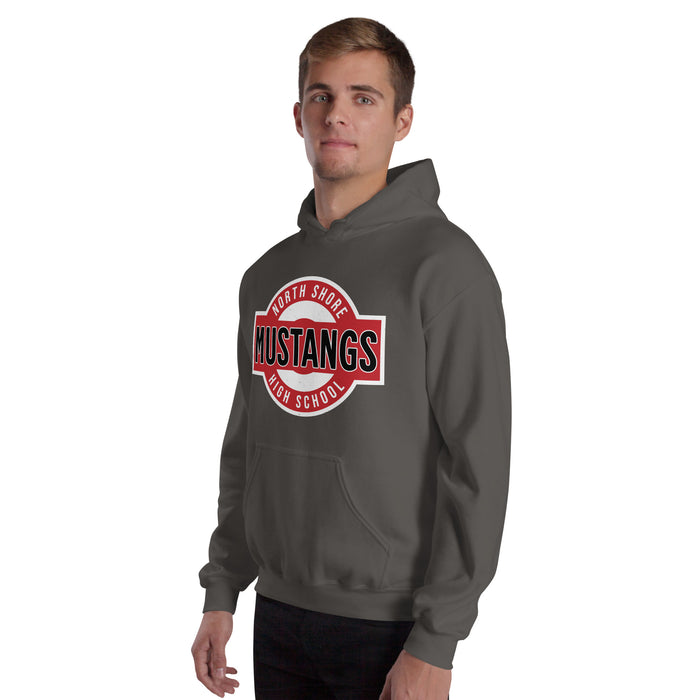 Man wearing North Shore High School Mustangs Dark Grey Classic Unisex Hoodie 011