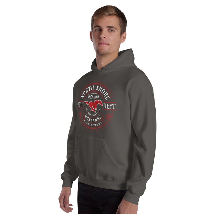 Man wearing North Shore High School Mustangs Dark Grey Classic Unisex Hoodie 201