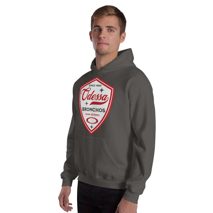 Man wearing Odessa High School Bronchos Dark Grey Classic Unisex Hoodie 225
