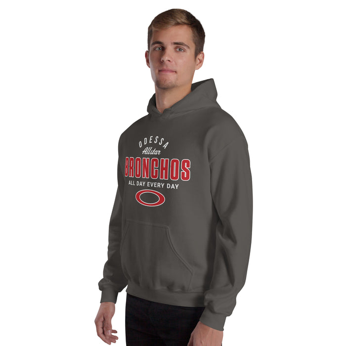 Man wearing Odessa High School Bronchos Dark Grey Classic Unisex Hoodie 040