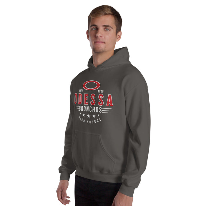 Man wearing Odessa High School Bronchos Dark Grey Classic Unisex Hoodie 217