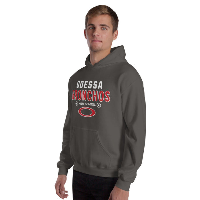 Man wearing Odessa High School Bronchos Dark Grey Classic Unisex Hoodie 003