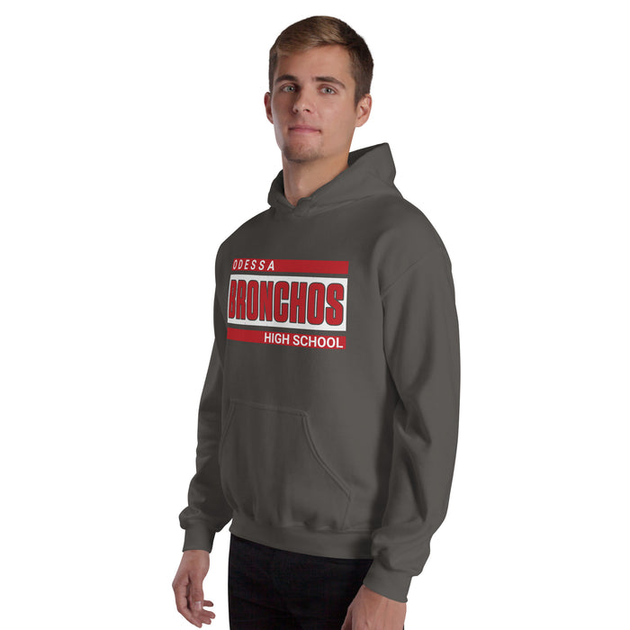 Man wearing Odessa High School Bronchos Dark Grey Classic Unisex Hoodie 098