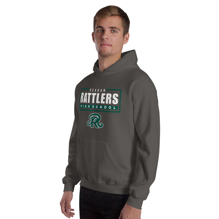 Man wearing Reagan High School Rattlers Dark Grey Classic Unisex Hoodie 049