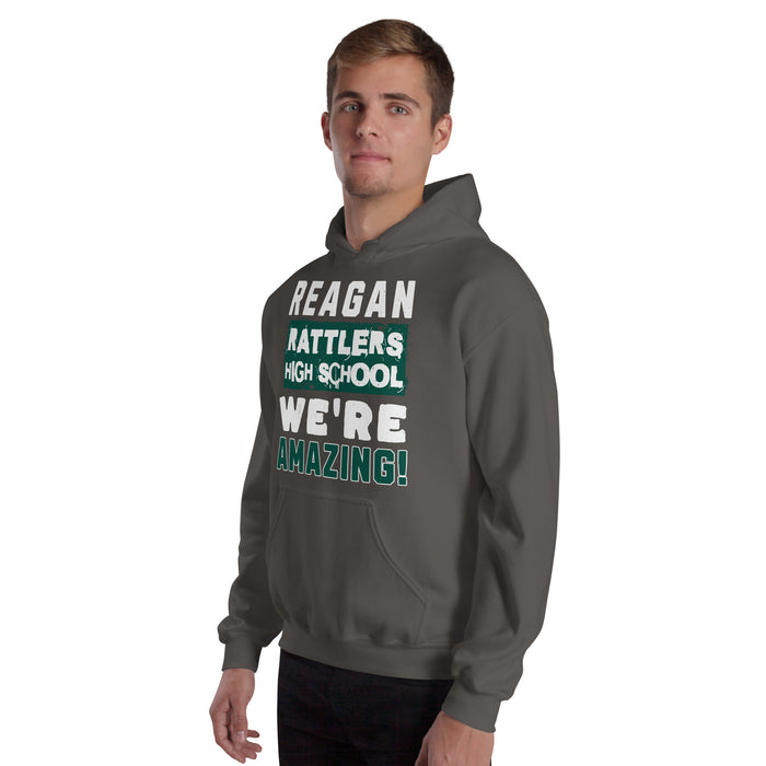 Man wearing Reagan High School Rattlers Dark Grey Classic Unisex Hoodie 231
