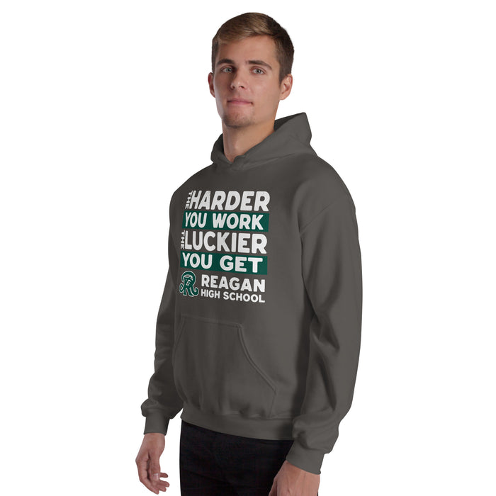 Man wearing Reagan High School Rattlers Dark Grey Classic Unisex Hoodie 238