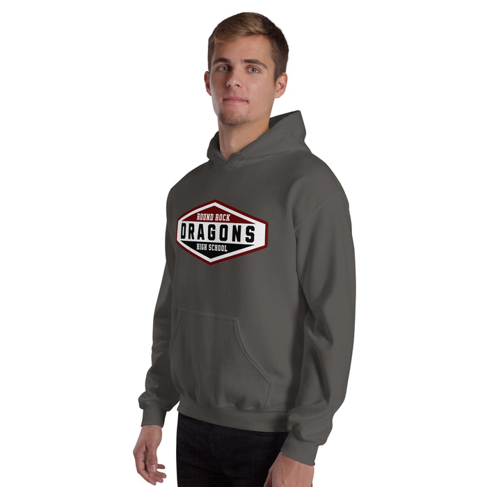 Man wearing Round Rock High School Dragons Dark Grey Classic Unisex Hoodie 009