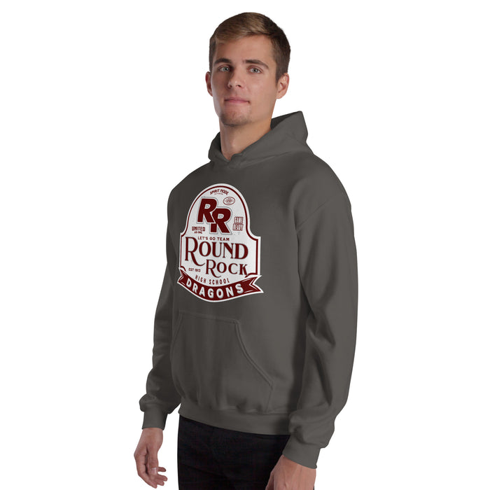 Man wearing Round Rock High School Dragons Dark Grey Classic Unisex Hoodie 219