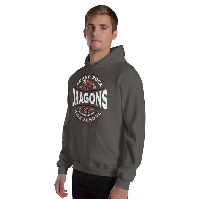 Man wearing Round Rock High School Dragons Dark Grey Classic Unisex Hoodie 218