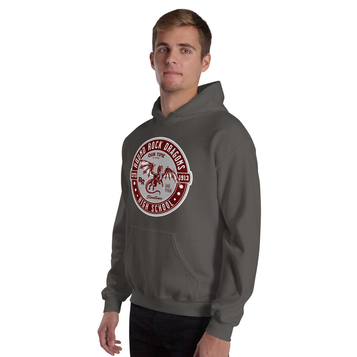 Man wearing Round Rock High School Dragons Dark Grey Classic Unisex Hoodie 224