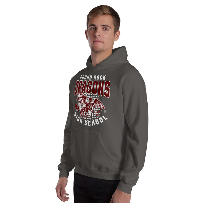 Man wearing Round Rock High School Dragons Dark Grey Classic Unisex Hoodie 204