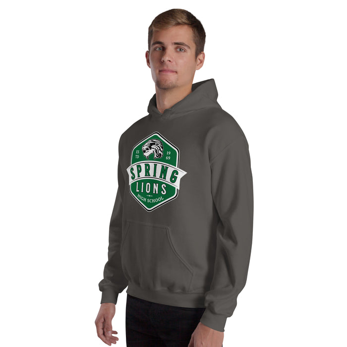 Man wearing Spring High School Lions Dark Grey Classic Unisex Hoodie 209