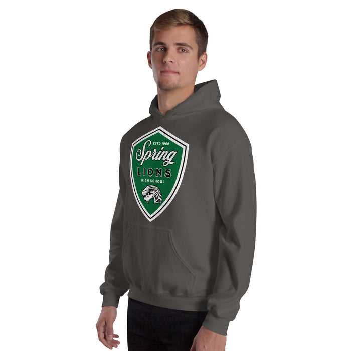 Man wearing Spring High School Lions Dark Grey Classic Unisex Hoodie 225