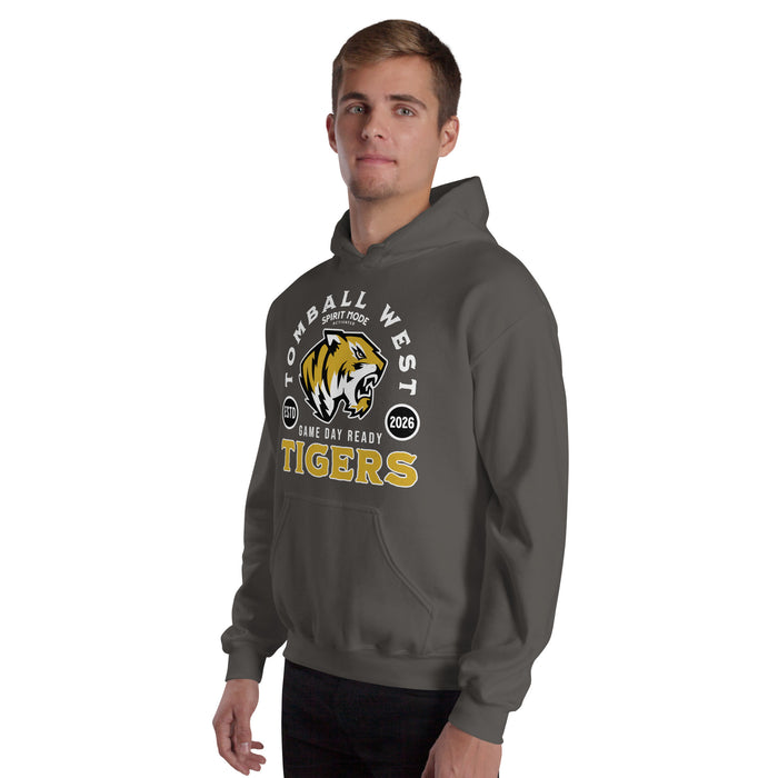 Man wearing Tomball West High School Tigers Dark Grey Classic Unisex Hoodie 208