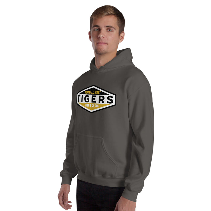 Man wearing Tomball West High School Tigers Dark Grey Classic Unisex Hoodie 009