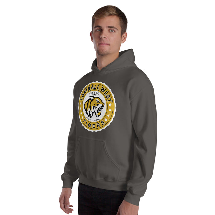 Man wearing Tomball West High School Tigers Dark Grey Classic Unisex Hoodie 216