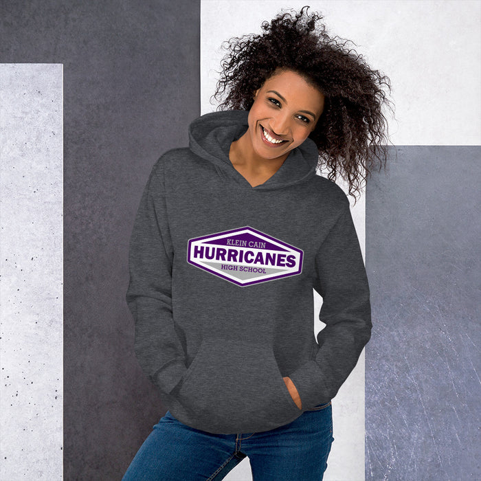 Woman wearing a Klein Cain High School Hurricanes Dark Heather Classic Hoodie 09