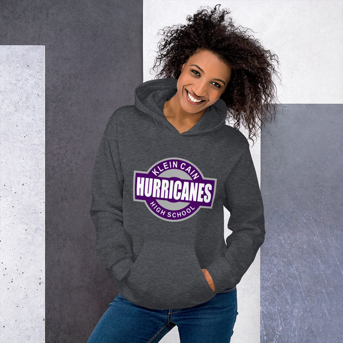 Woman wearing a Klein Cain High School Hurricanes Dark Heather Classic Hoodie 11