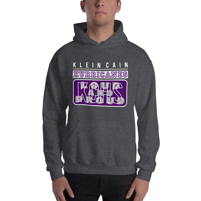 Man wearing a Klein Cain High School Hurricanes Dark Heather Classic Hoodie 86