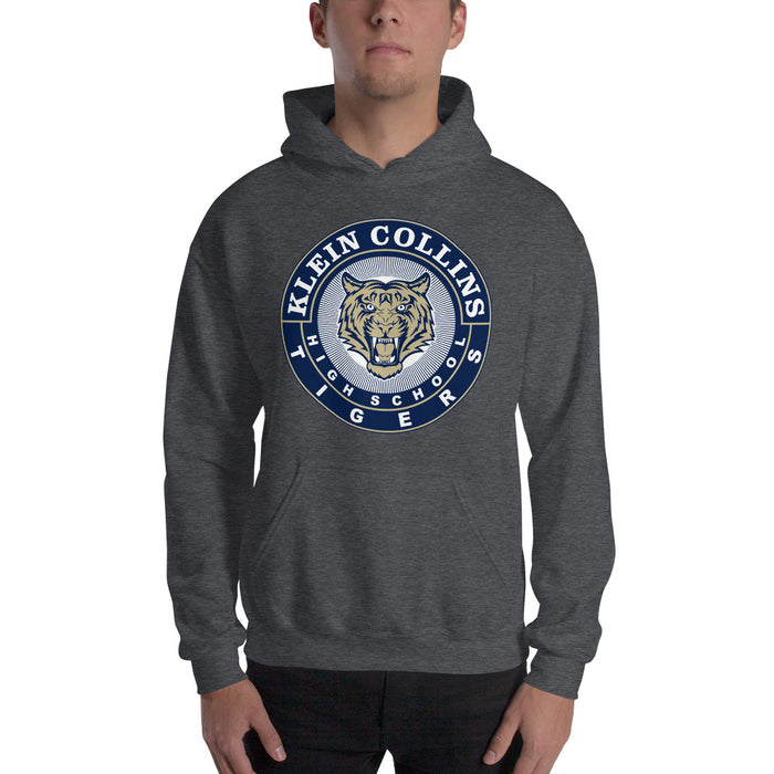 Man Wearing a Klein Collins High School Tigers Dark Heather Classic Unisex Hoodie 02