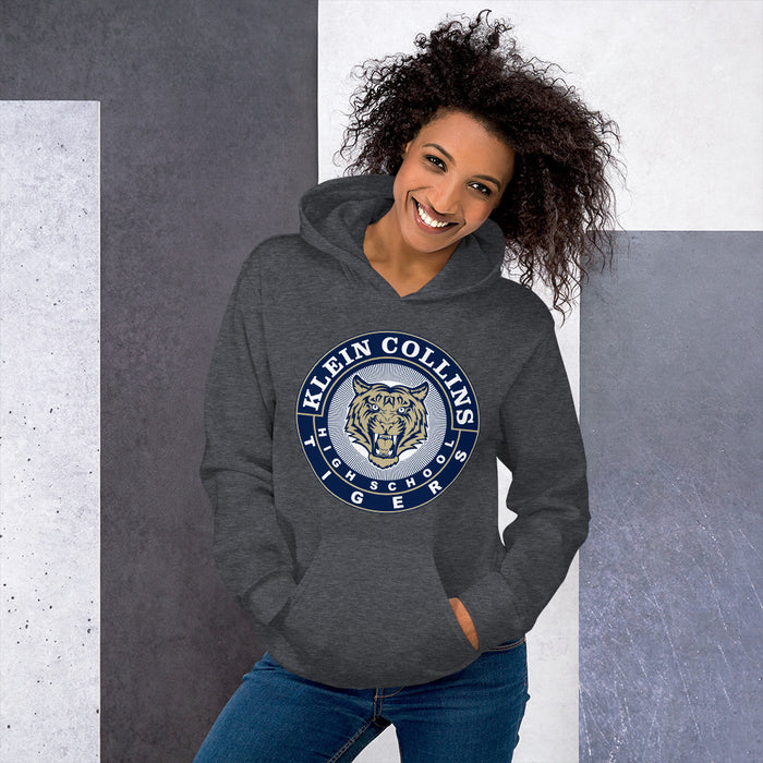 Woman wearing a Klein Collins High School Tigers Dark Heather Classic Unisex Hoodie 02