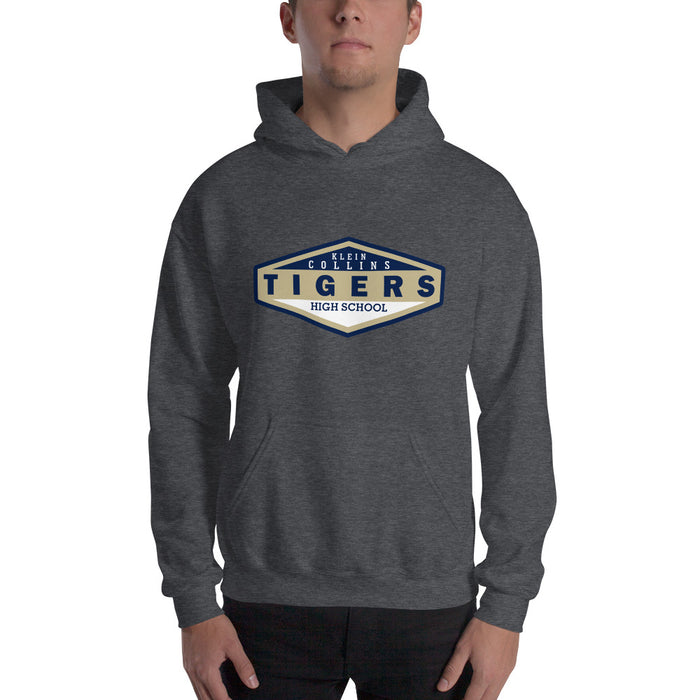 Man wearing a Klein Collins High School Tigers Dark Heather Classic Unisex Hoodie 09