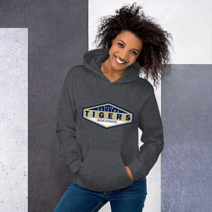 Woman wearing a Klein Collins High School Tigers Dark Heather Classic Unisex Hoodie 09